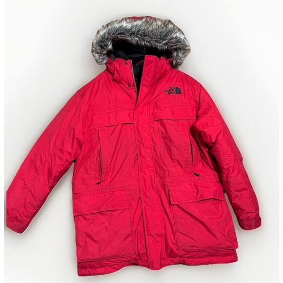 THE NORTH FACE TNF F08 Down Parka Hooded Coat McMurdo Fur Trim Size XL Red - Picture 1 of 11